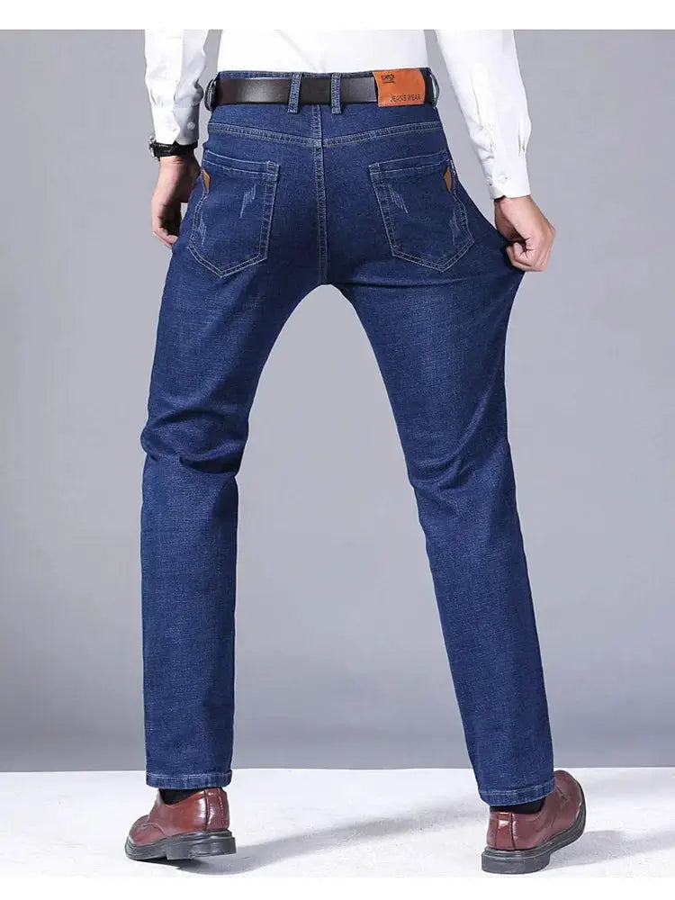 Premium Dark Wash Slim Straight Stretch Denim Jeans PrimeCanada.Store back view with rear pockets and belt