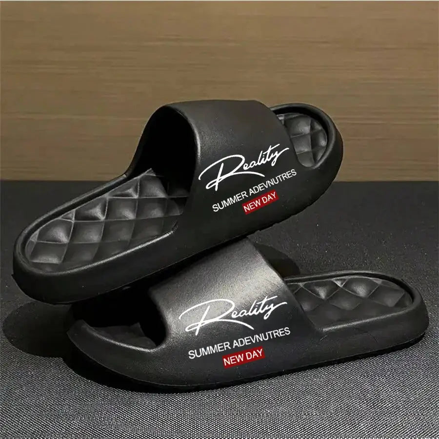 AeroStep men's EVA slip-on sandals, black pair with quilted footbed and Reality logo strap