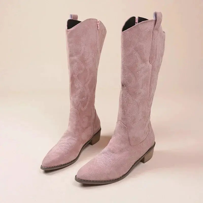 Women's Embroidered Cowboy Boots, pink suede, Western-style pair.