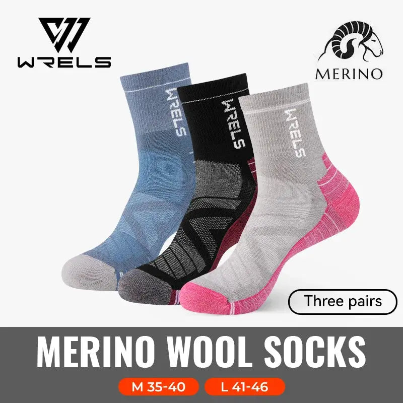 WRELS Merino Wool Socks set, three pairs in blue, black, and gray-pink.