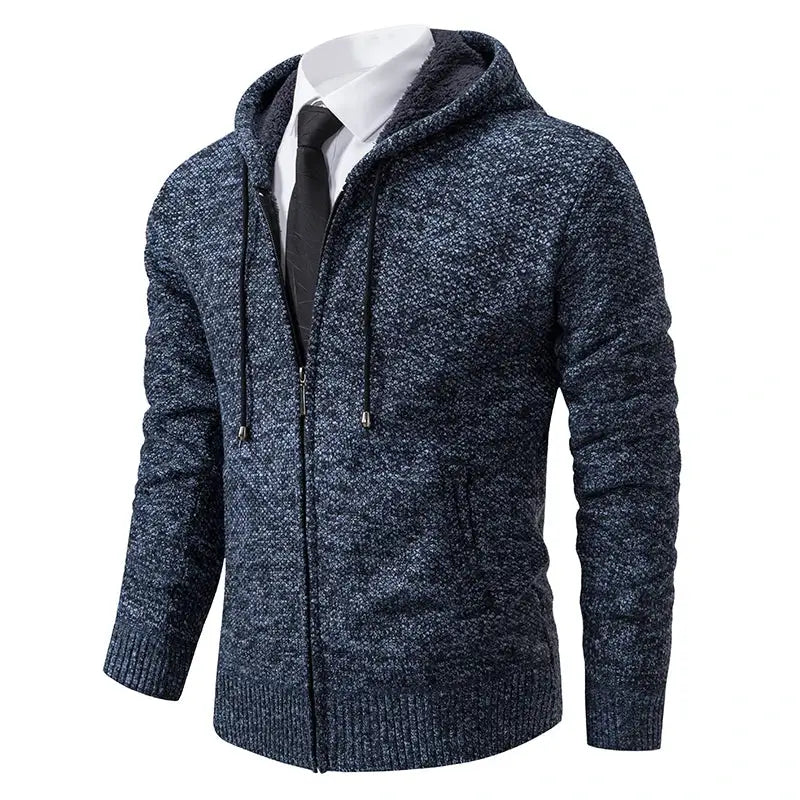 Men's relaxed fit hooded casual sports coat in navy marled knit with zip front and ribbed cuffs