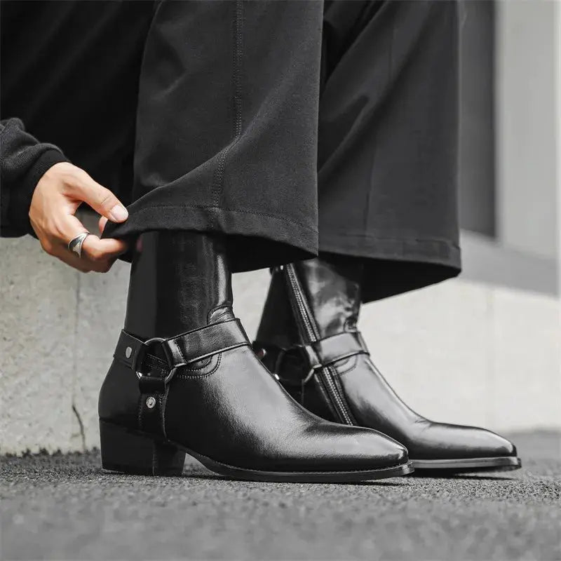 WestLine Premium Black Slip-On Western Chelsea Boots with side zipper and ankle strap buckle, PrimeCanada.Store
