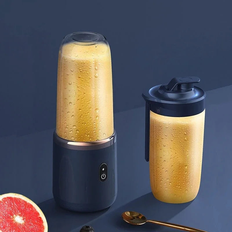 Portable USB 6-blade personal fruit-juice blender by PrimeCanada.Store; dark blue base with 2 yellow bottles.