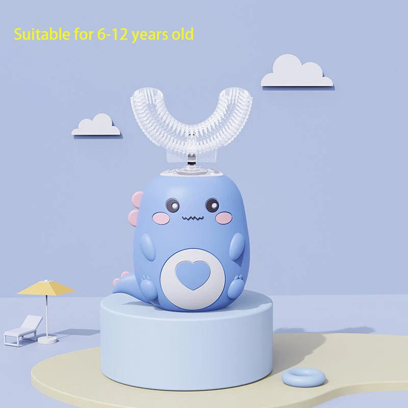 Balashov Kids U-Shaped Electric Toothbrush, blue cartoon design with heart belly, for ages 6–12