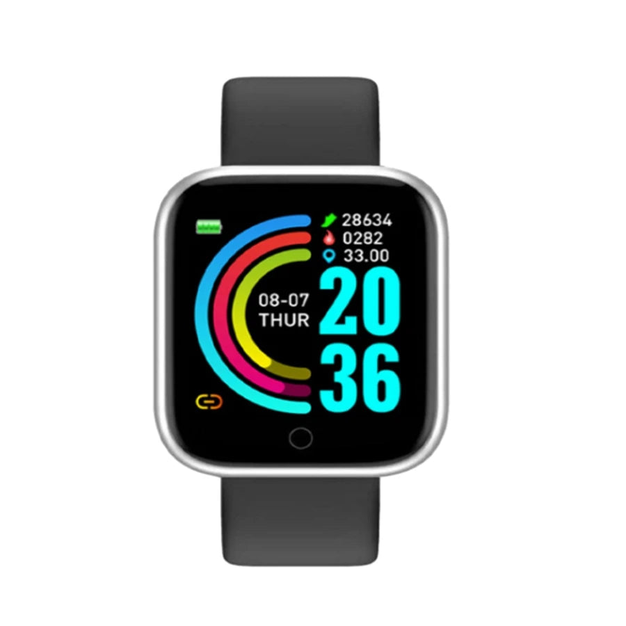 Smartwatch with black band and silver square case displaying colorful rings and large blue digits.