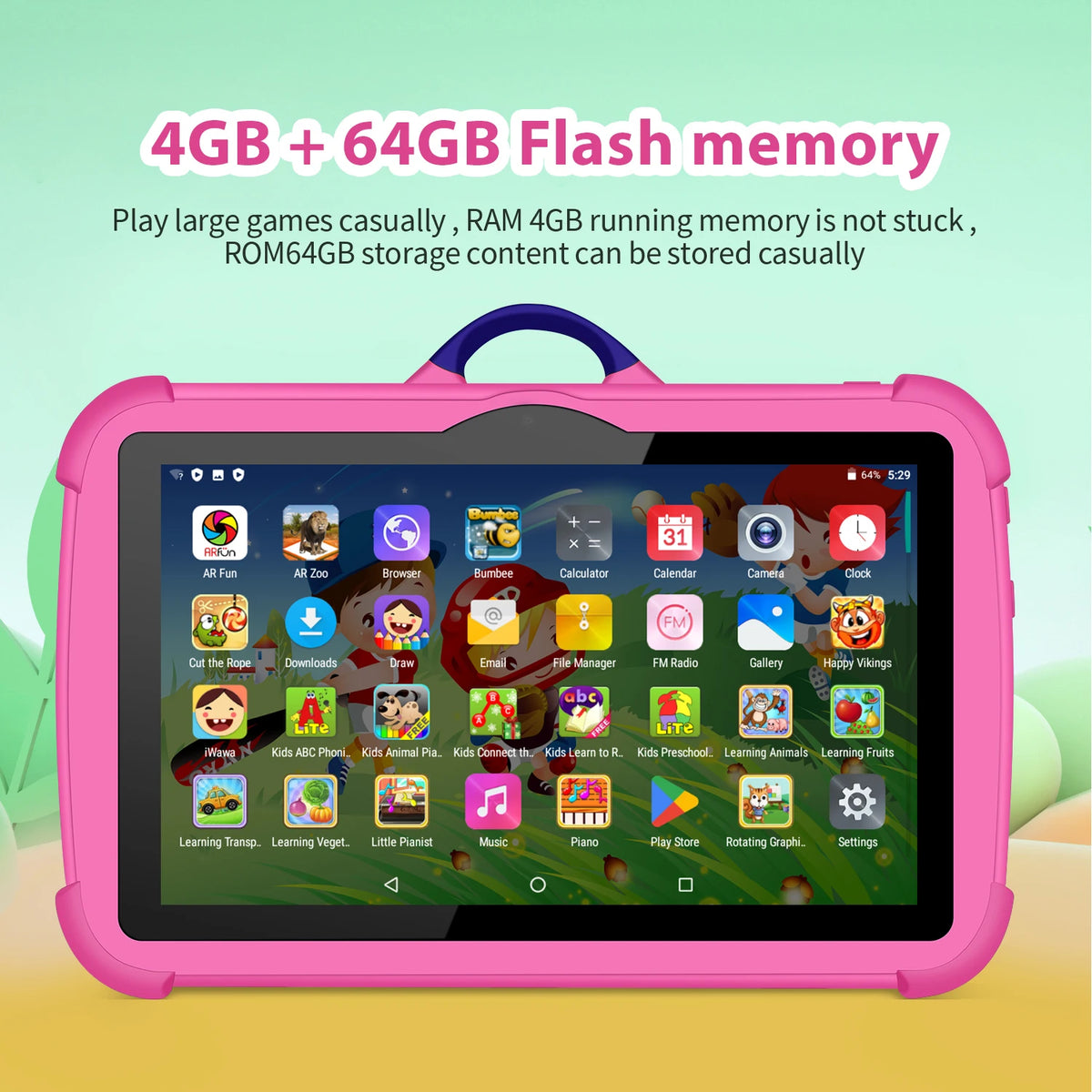 New Cartoon Pattern Kids Tablet 7 Inch in pink protective case with purple handle and colorful app screen