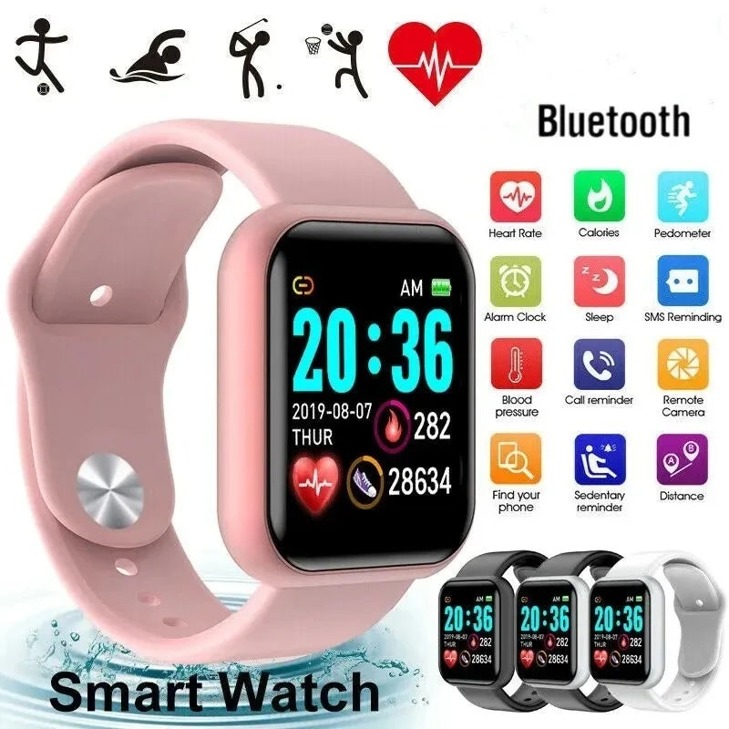 Smart Watch with pink strap; Bluetooth fitness smartwatch with 4 watches shown.