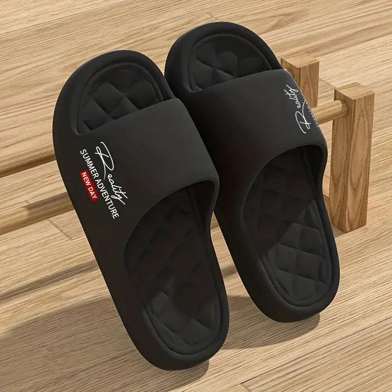 EvaStride black EVA slide sandals; lightweight men’s footwear with quilted footbed, Summer Breeze Collection (2 shown)