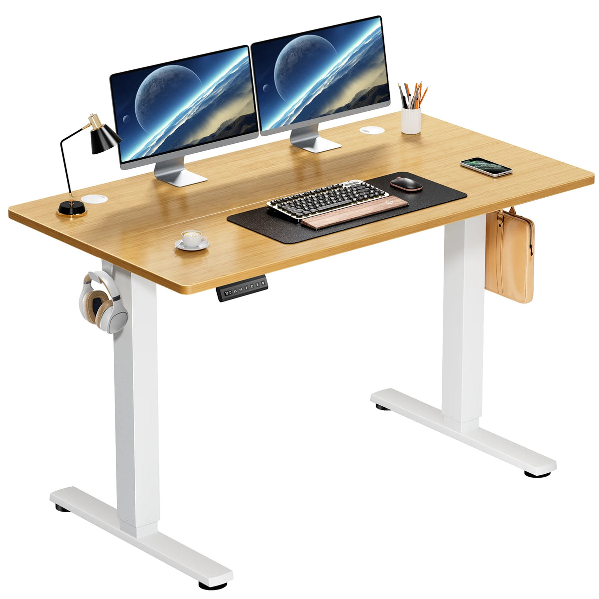 JHK Electric Standing Desk with memory height adjustments; wood top and white legs, dual-monitor setup