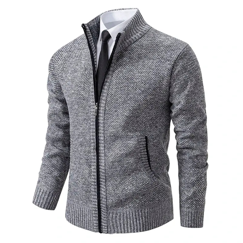 Men's relaxed-fit casual sports coat in gray textured knit, zip-front with stand collar and front pockets.