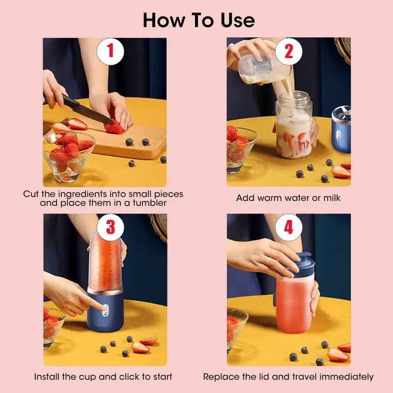 Portable USB Rechargeable 6 Blade Personal Fruit Juice Blender, blue