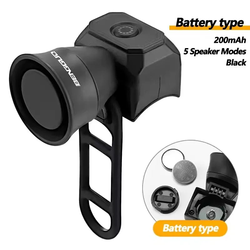 Bicycle horn bell PrimeCanada.Store; black, waterproof, USB-rechargeable for mountain bikes