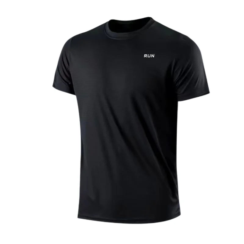 Men's quick-dry black T-shirt with short sleeves and crew neck.