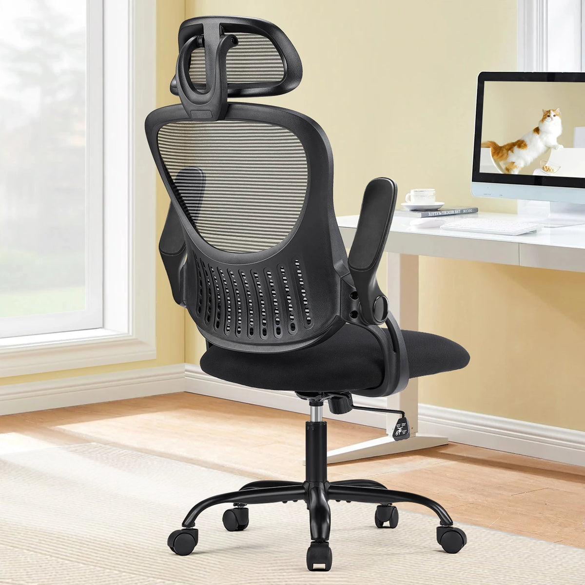 JHK mesh ergonomic office chair with flip-up arms, adjustable headrest and lumbar support in black