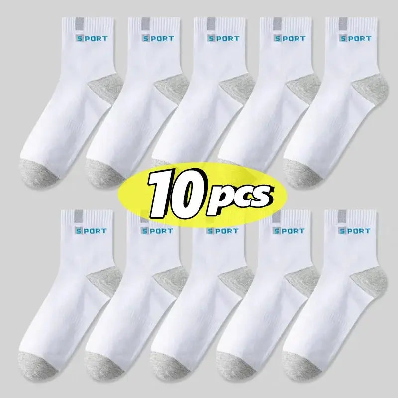 Men's cotton sport socks, white with gray toes and heels, breathable soft fabric, 10-pair pack PrimeCanada.Store