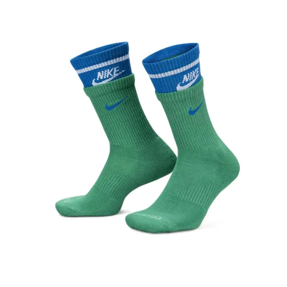Nike Everyday Crew unisex socks, green with blue cuffs and Nike swoosh; 3-pack