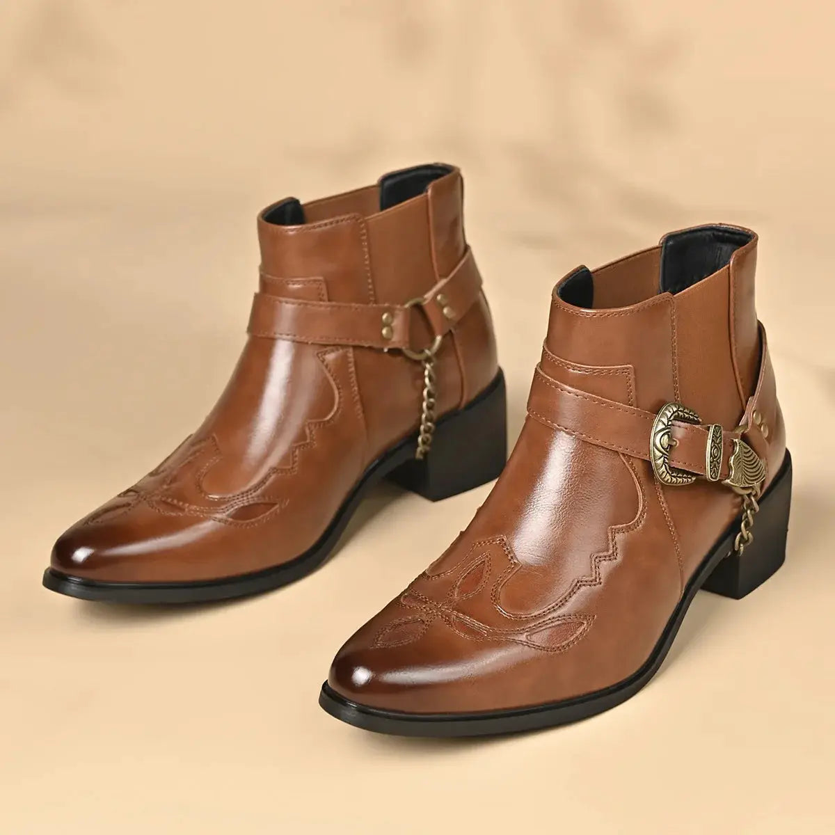 Men's vintage leather cowboy boots, brown leather with stitching, brass buckle ankle strap and chain detail