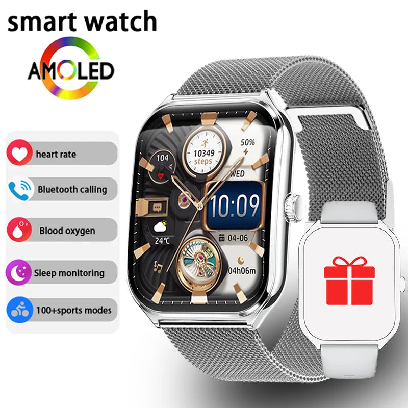 Ultra Thin AMOLED Smartwatch by PrimeCanada.Store with Bluetooth calling, silver mesh band and gift box
