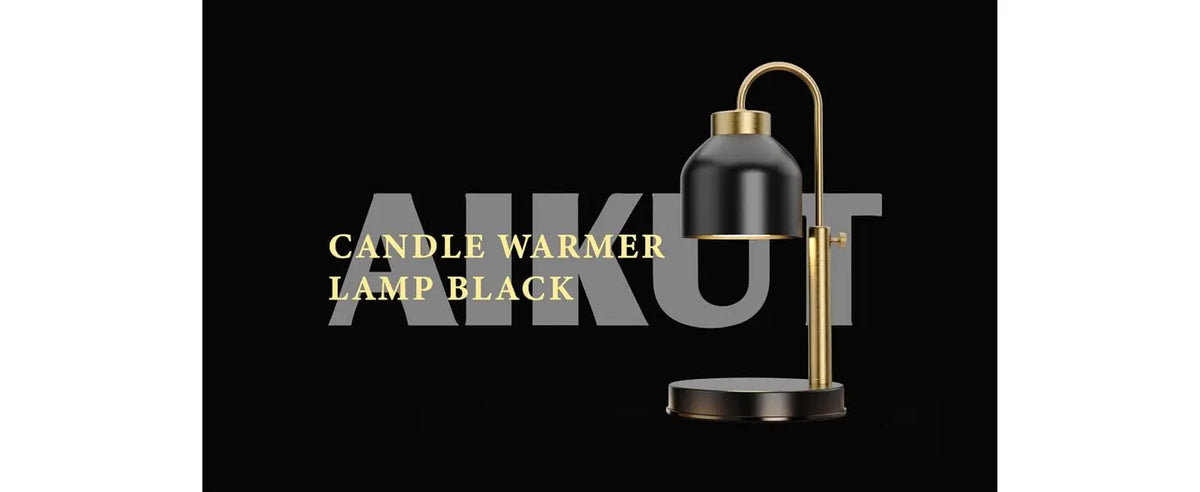 Candle warmer lamp in black with brass accents and curved arm