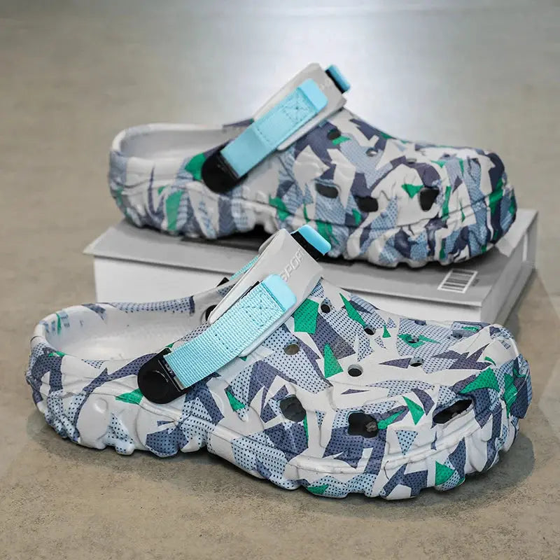 AuraFit men's camo-print slippers with teal strap and rubber sole; two pairs