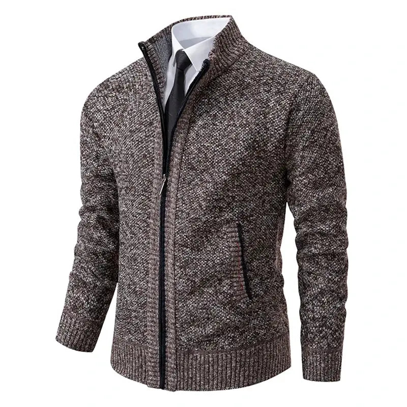 Men's relaxed-fit knit sports coat in brown heather, zip-front with pockets and ribbed cuffs