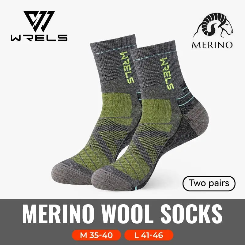 WRELS Merino Wool Socks, two pairs, grey-green thermal hiking socks with high elasticity