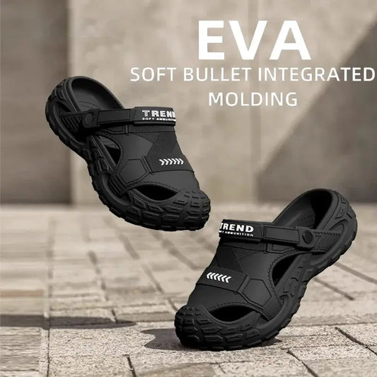 Aurelia Men lightweight EVA sandals with cushioned arch support; black, Trend strap branding