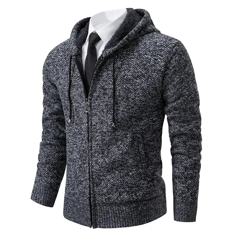 Men's Relaxed Fit Casual Sports Coat, dark grey marled knit with hooded zip front