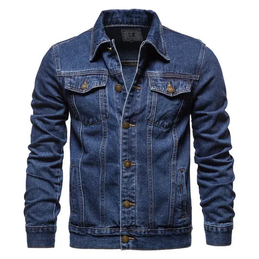 Men's slim-fit blue denim trucker jacket with brass buttons and chest pockets