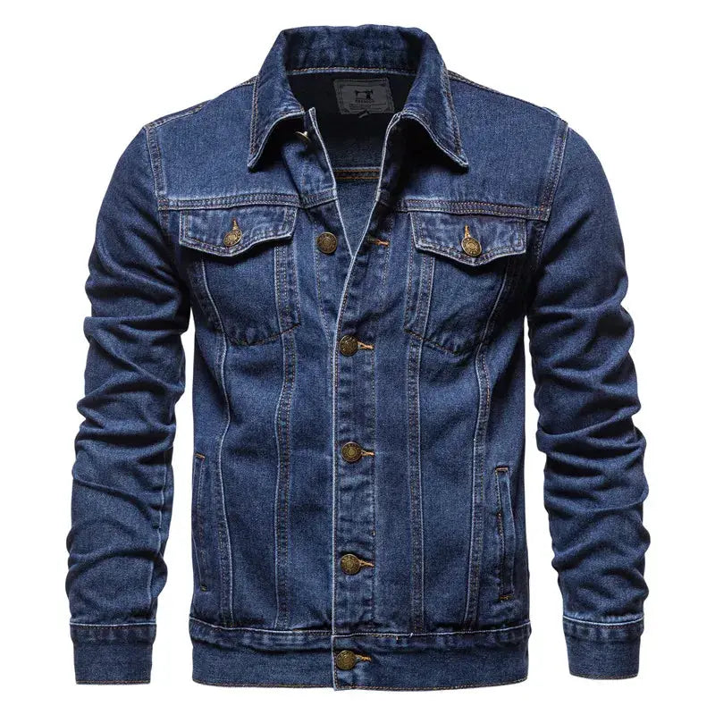 Men's slim-fit blue denim trucker jacket with brass buttons and chest pockets