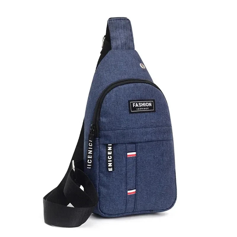 Men's waterproof blue denim-style fanny pack with adjustable strap and large capacity pockets