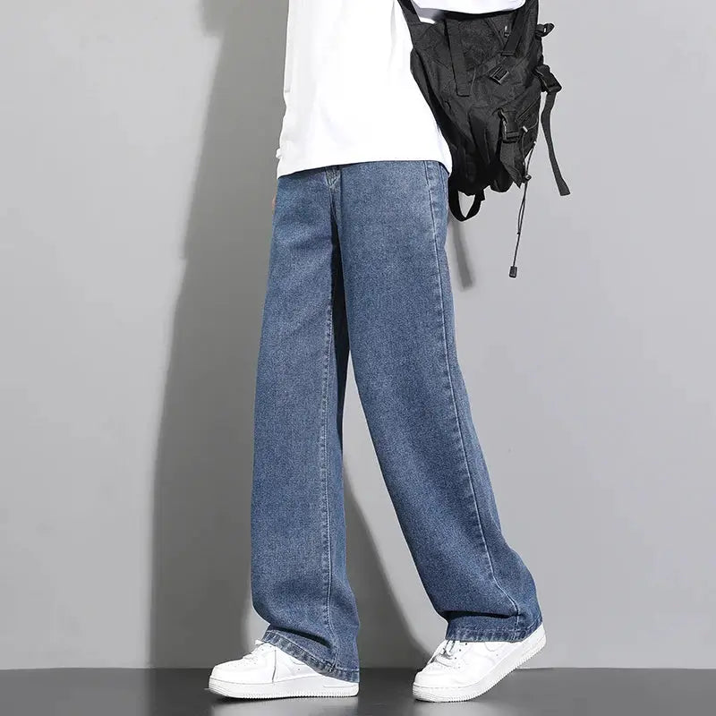 Premium blue denim jeans, wide-leg fit with all-day comfort
