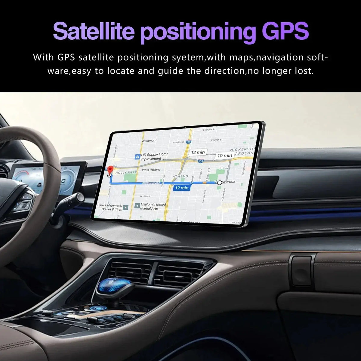 Pad 15 Pro 11in tablet mounted on car dashboard displaying GPS navigation map