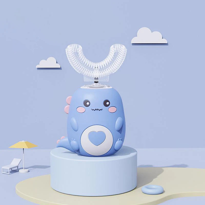 Balashov Kids U-Shaped Electric Toothbrush, blue cartoon handle with heart motif, kid-friendly design