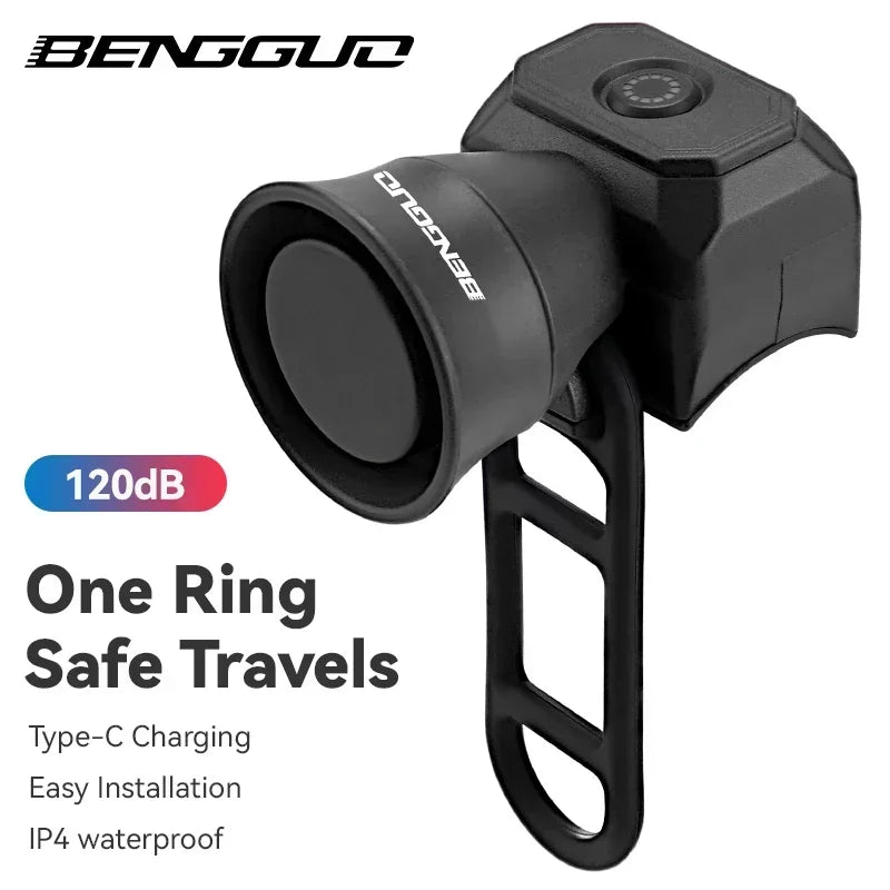 BENGGUN black bicycle bell with mount, USB Type-C charging, IP44 waterproof