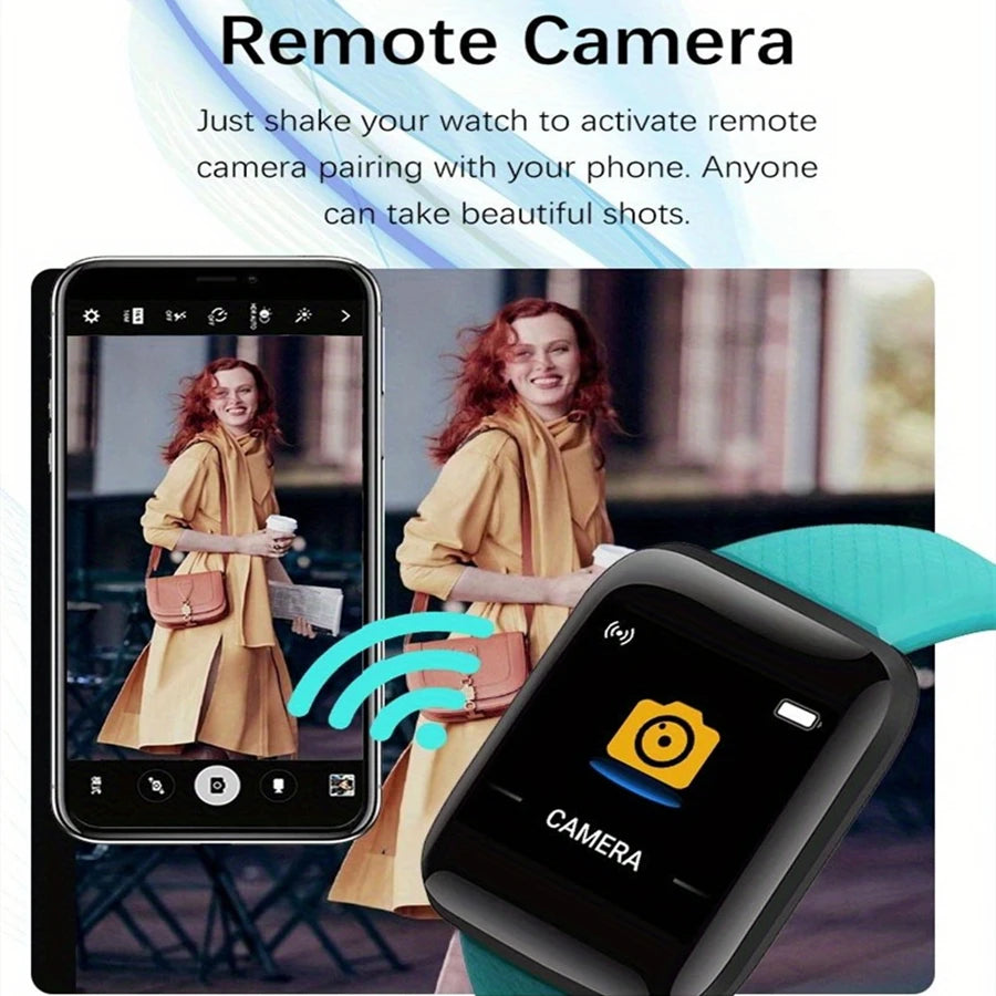 Smart Watch Fitness Tracker by PrimeCanada.Store; black body with teal strap, smartphone shown in a two-device setup.