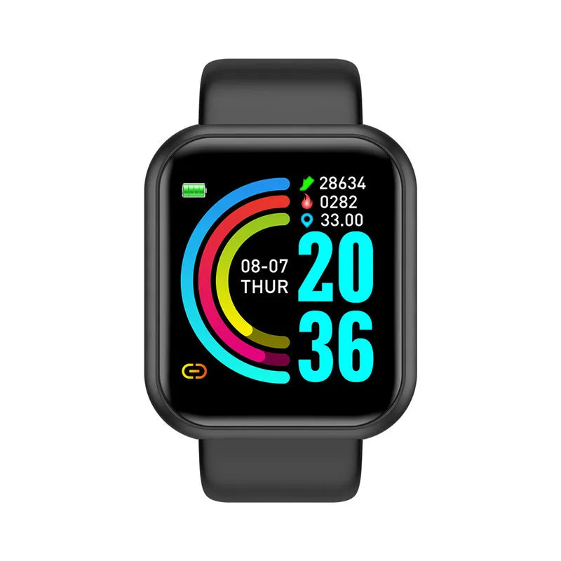 Smartwatch with black band and square touchscreen displaying colorful fitness rings and time