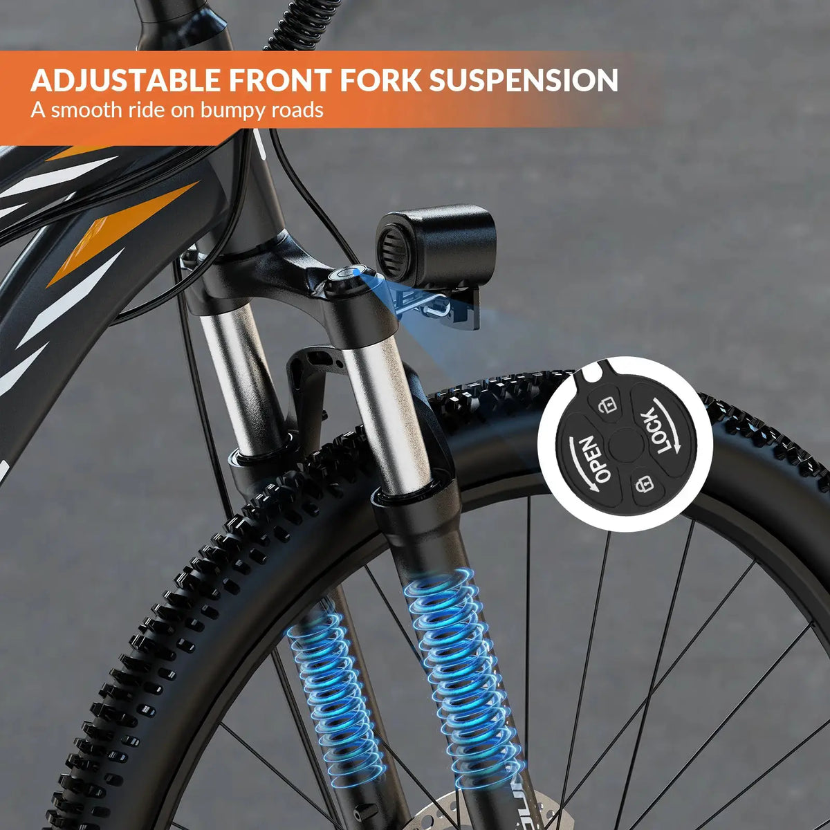 High-Speed Electric Bike PrimeCanada.Store with 700W peak motor, front suspension, and blue coil shock