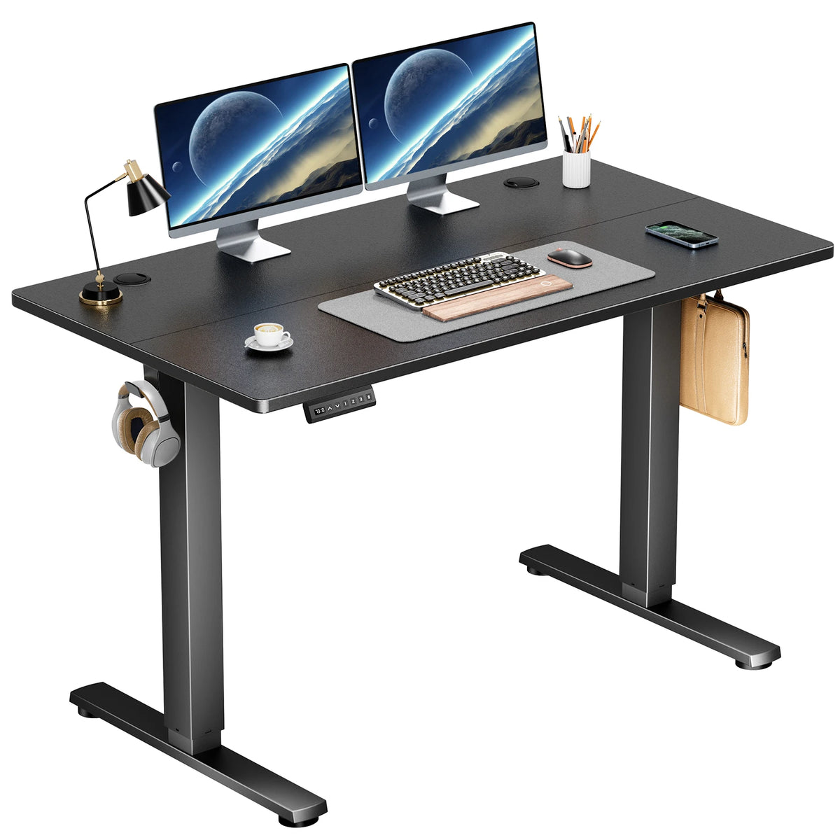 JHK electric standing desk in black with memory height adjustments; dual monitors, keyboard, lamp, and accessories.