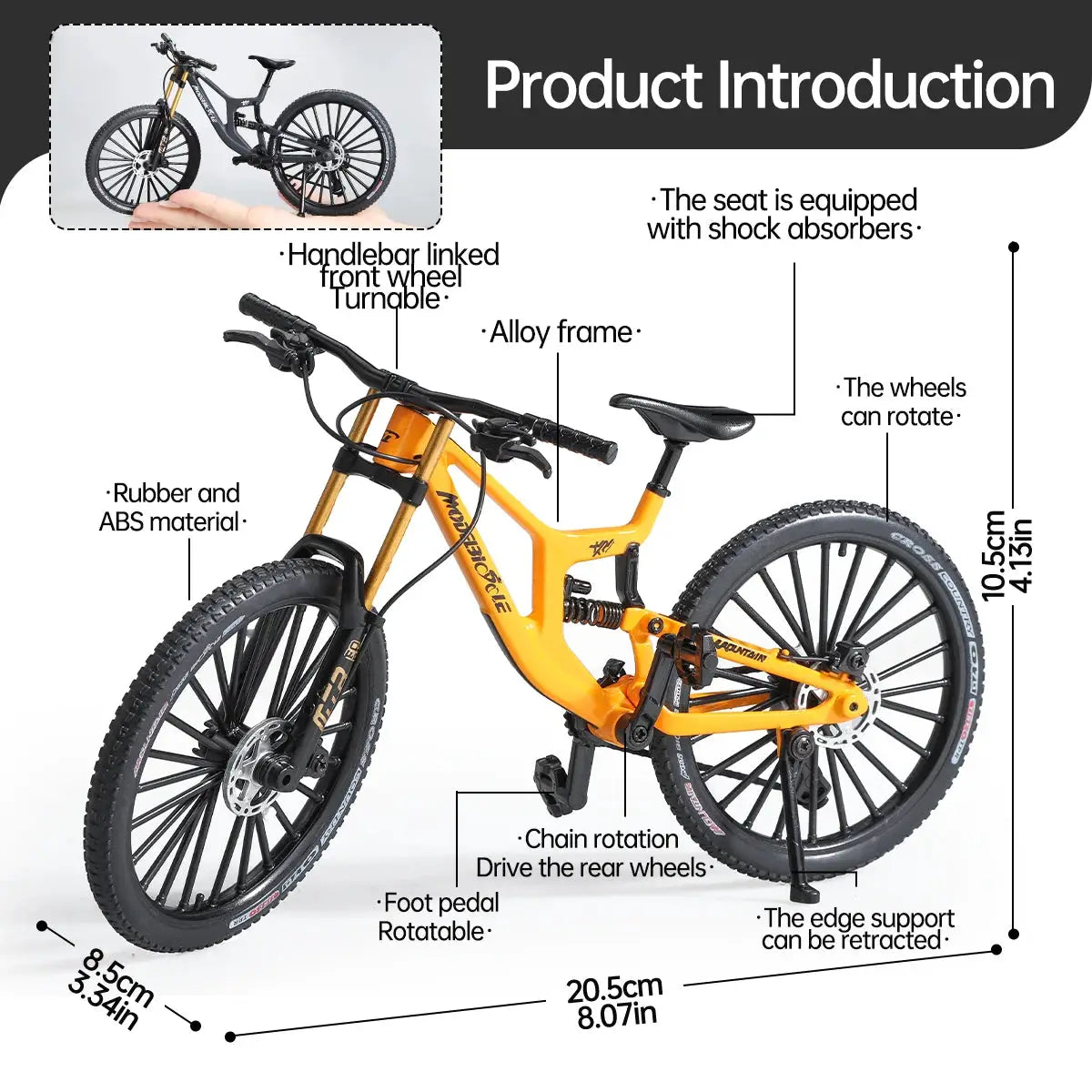 1:8 scale orange European alloy mountain bike model with dual suspension and realistic gears