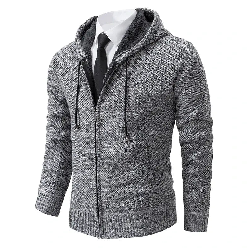 Men's relaxed-fit casual sports coat in grey knit with hood and front zipper