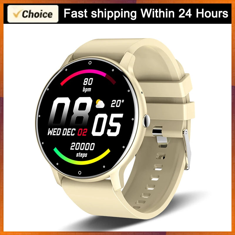 LIGE Waterproof Smartwatch beige strap, gold-tone round case with touchscreen display