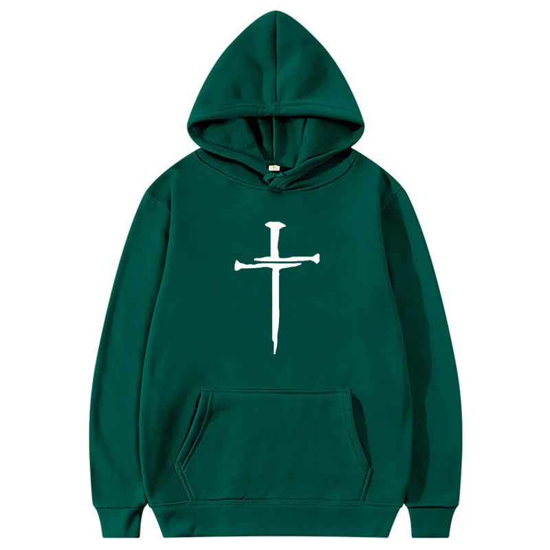 Men's Black Cross Graphic Hoodie Polyester Pullover Sweatshirt