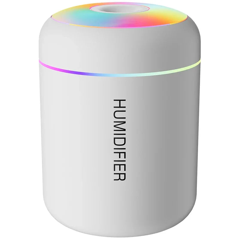 Mini USB air humidifier aroma diffuser in white with rainbow LED ring on top