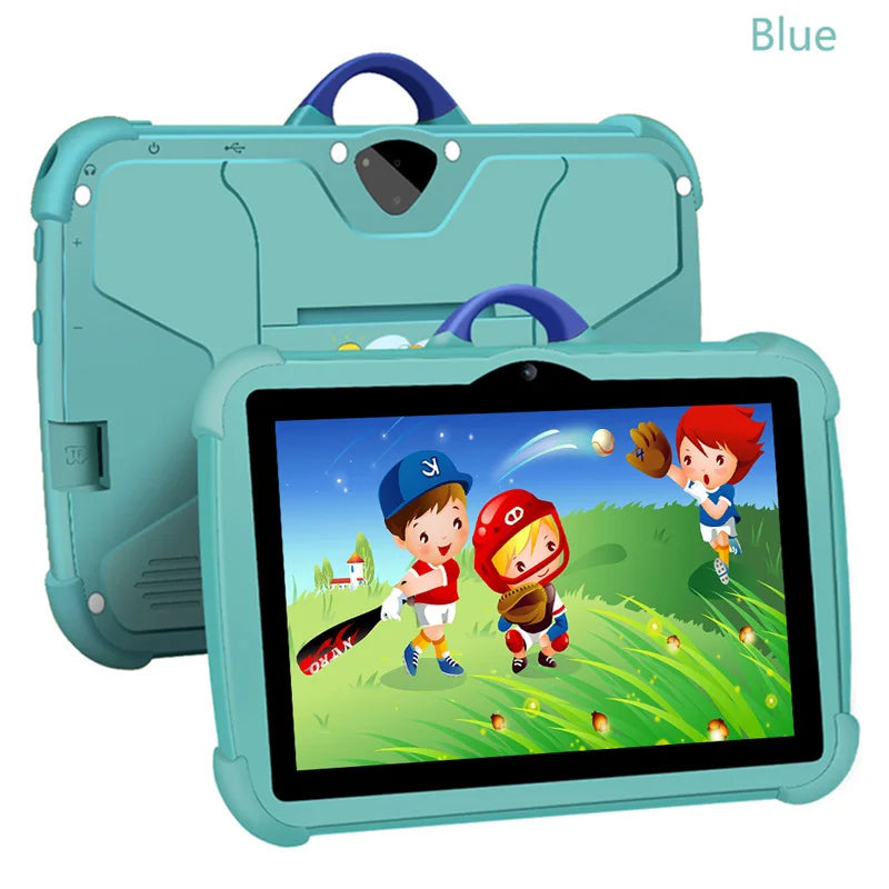 New Cartoon Pattern Kids Tablet 7 Inch in a blue rugged case with handle and cartoon game scene on screen