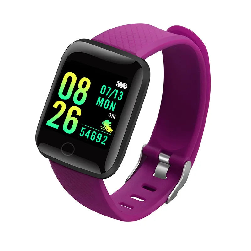 Smart Watch Fitness Tracker with a purple silicone band and black touchscreen display