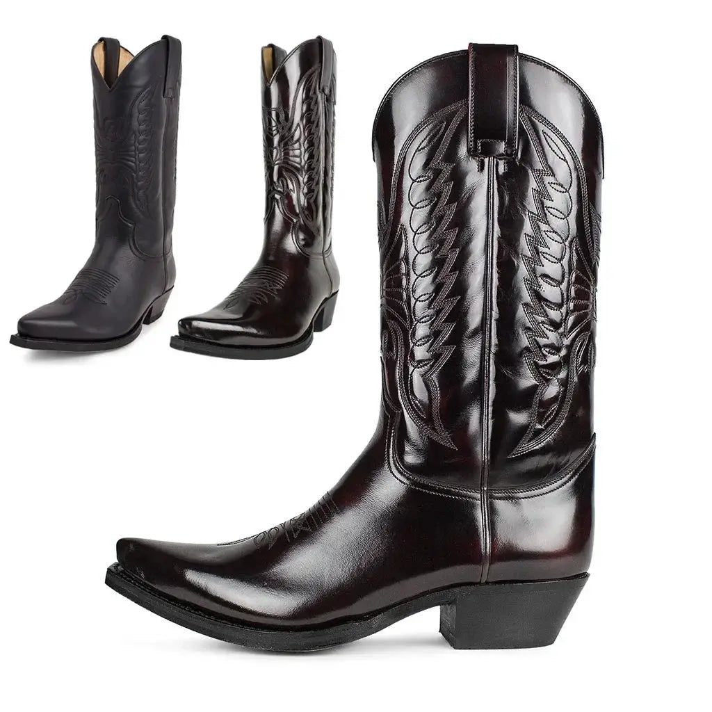 Men's black leather western cowboy boots with pointed toe and embroidered design, 3 views