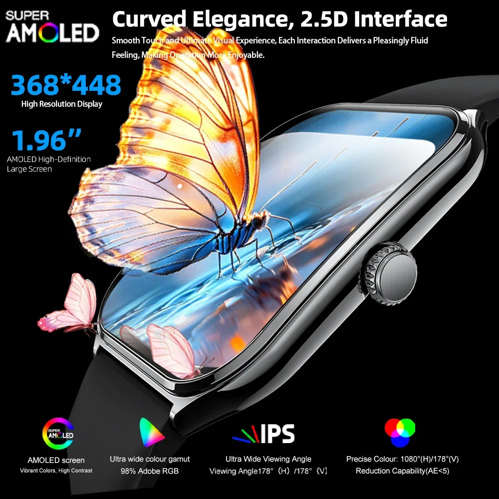 Ultra Thin AMOLED Smartwatch with Bluetooth calling, black strap, curved 2.5D display.