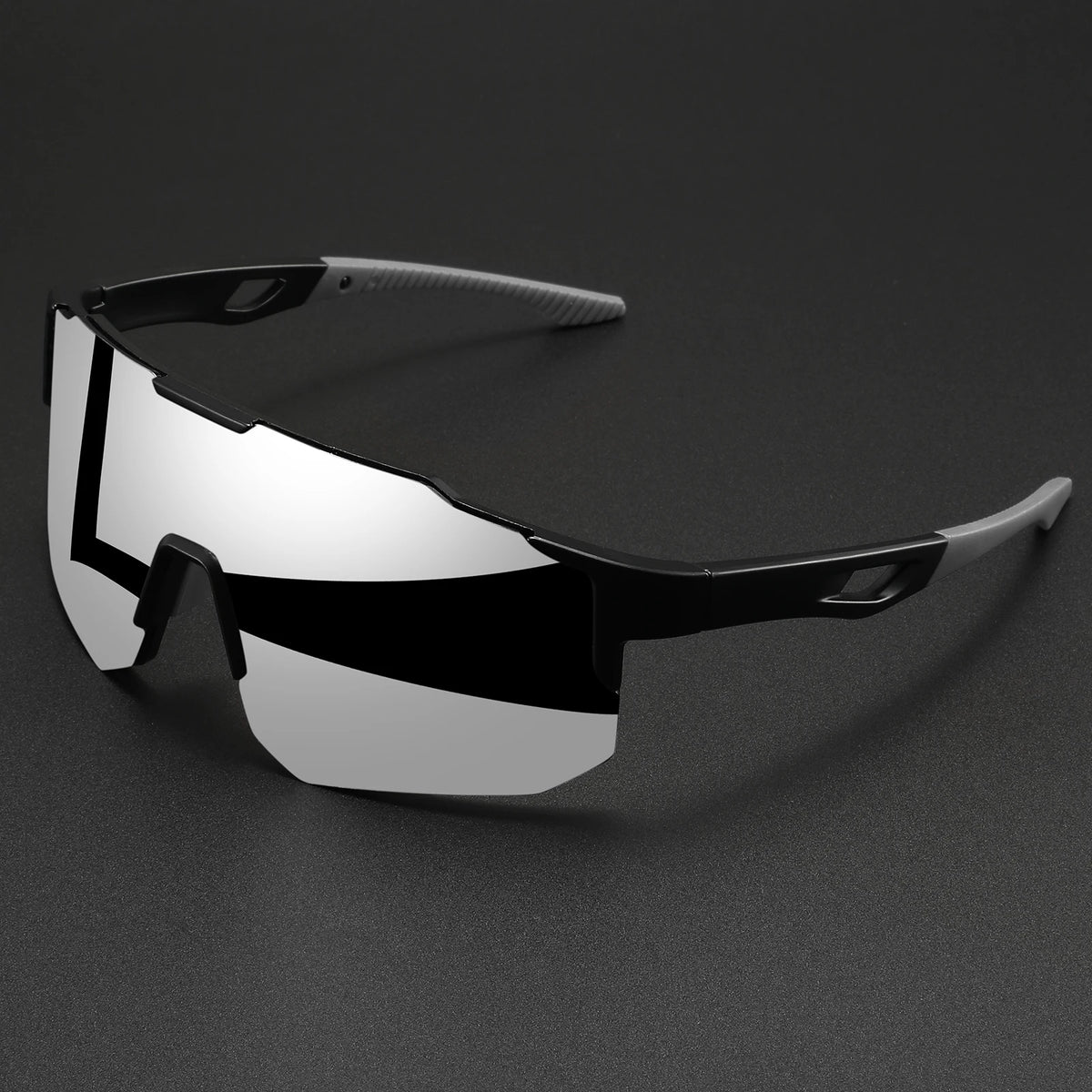 Oversized wraparound sports sunglasses with mirrored lenses and black frame.
