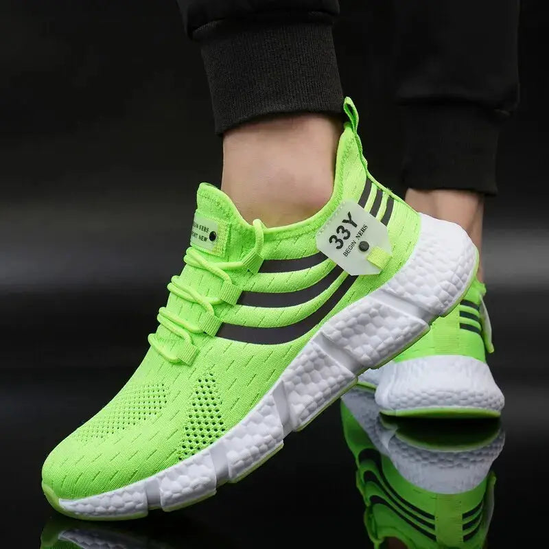Veloce men's neon green breathable knit sneakers with black side stripes and white sole
